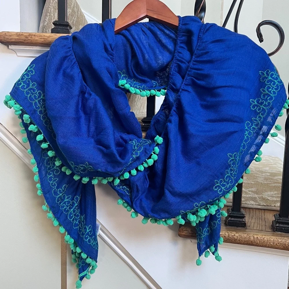 Vibrant Blue Scarf with Green Accents - Picture 1 of 5